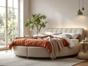 Ronde boxspring bed met beige gestoffeerd frame en terracotta dekbed in moderne slaapkamer met natuurlijk licht