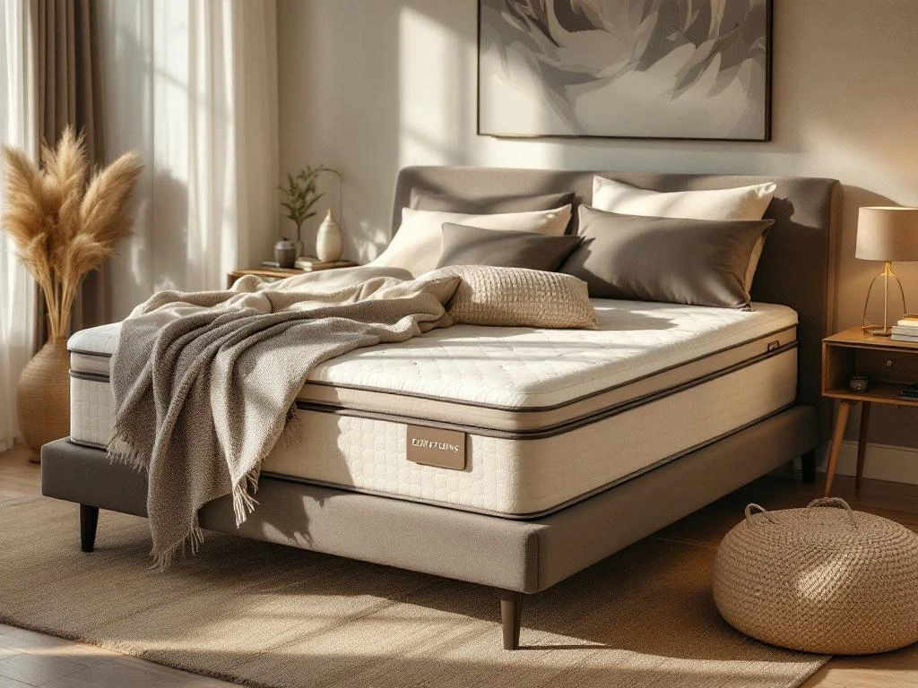 Luxe satijnen katoen dekbedovertrek in beige en grijs op boxspring bed in stijlvolle slaapkamer met natuurlijke belichting.