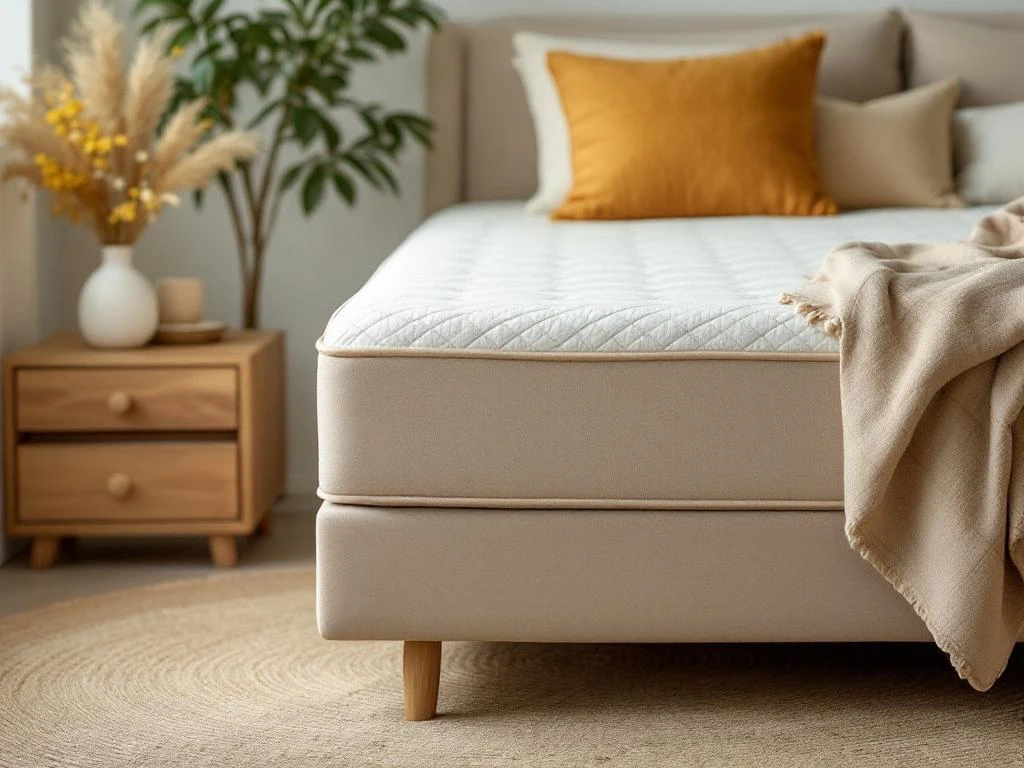 Beige teddy boxspring bed met saliegroen dekbed, natuurlijke reinigingsproducten op nachtkastje in warme slaapkamer