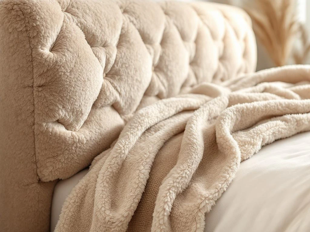 Beige teddystof boxspring hoofdeinde met zachte pluche textuur en neutrale dekbed in moderne slaapkamer