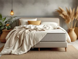 Complete teddystof boxspring in beige, grijs, antraciet en crème kleuren in sfeervolle slaapkamer met natuurlijke belichting
