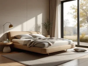 Modern slaapkamer met elegant waterbed, antraciet hoofdbord, beige dekbed en futuristische accenten in natuurlijk licht