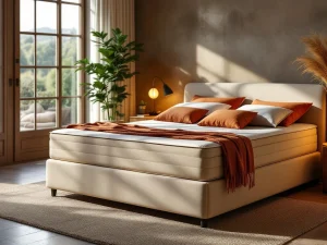 Modern waterbed met antraciet hoofdbord in stijlvolle slaapkamer met beige beddengoed en natuurlijke decoratie