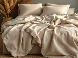 Wollen dekbed in beige tinten gedrapeerd over antraciet boxspring in warme slaapkamer met natuurlijke materialen