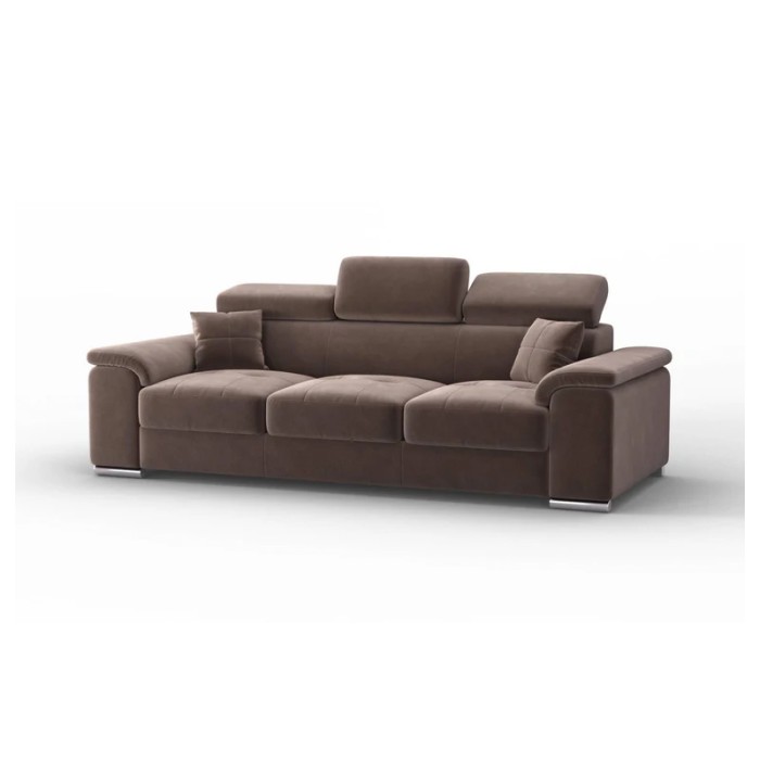 Haluta 3-zits bank in donkerbruine stof met verstelbare hoofdsteunen en brede armleuningen 1.jpg