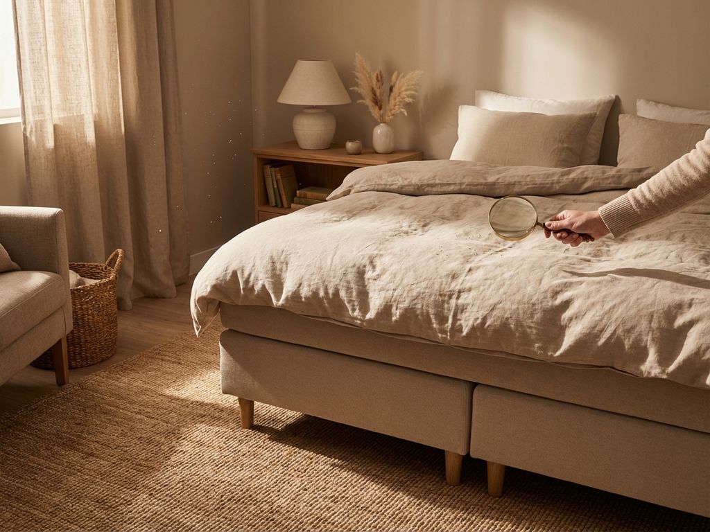 Persoon onderzoekt met vergrootglas allergeendeeltjes op beige dekbed in slaapkamer met natuurlijke verlichting