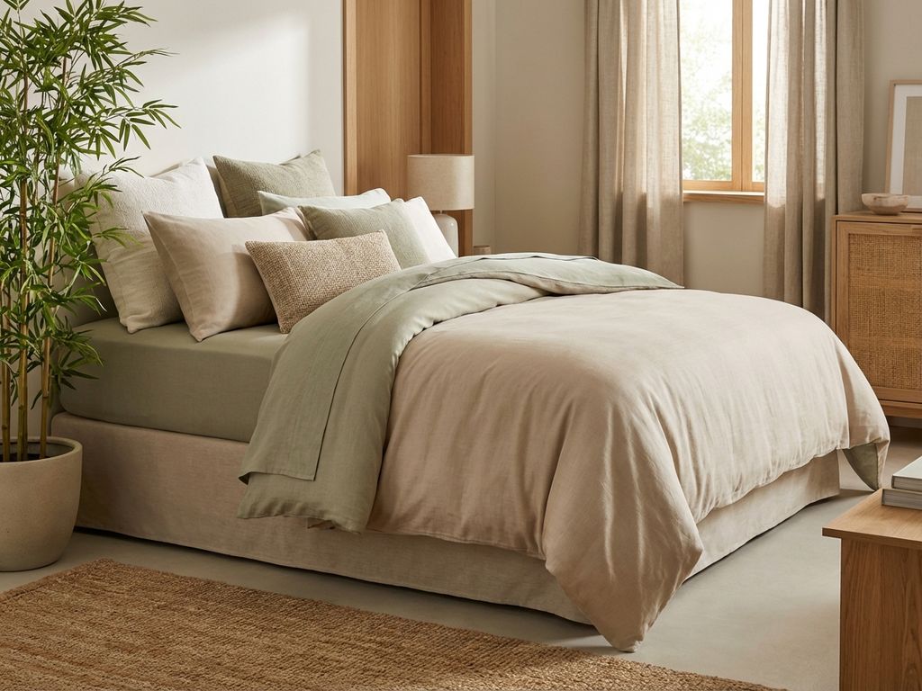 Elegant opgemaakt bed met luxueus bamboe beddengoed in beige en saliegroen tinten in rustieke slaapkamer