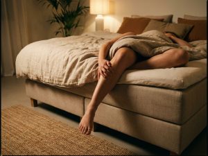 Persoon in bed grijpt naar kuit vanwege nachtelijke beenkramp, warme slaapkamer met zachte verlichting en beige beddengoed