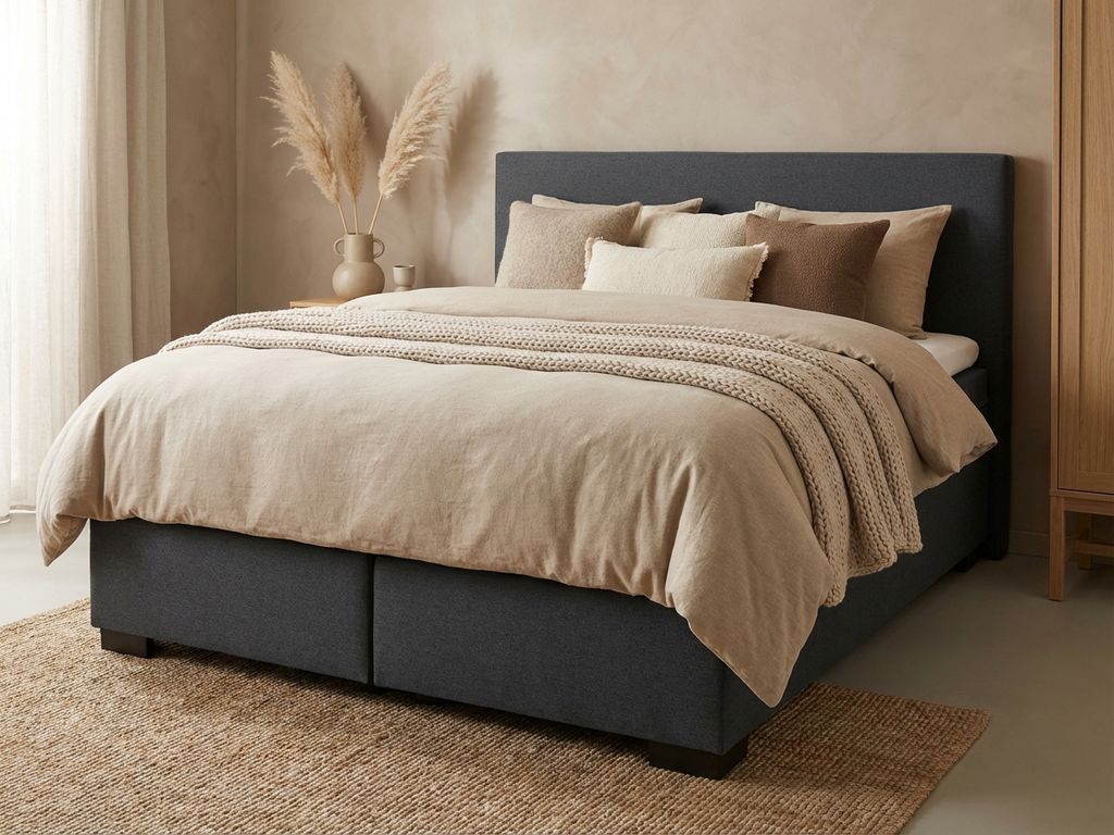 Antraciet boxspring met beige dekbed, sierkussens en plaid in rustieke slaapkamer met jute vloerkleed en pampasgras