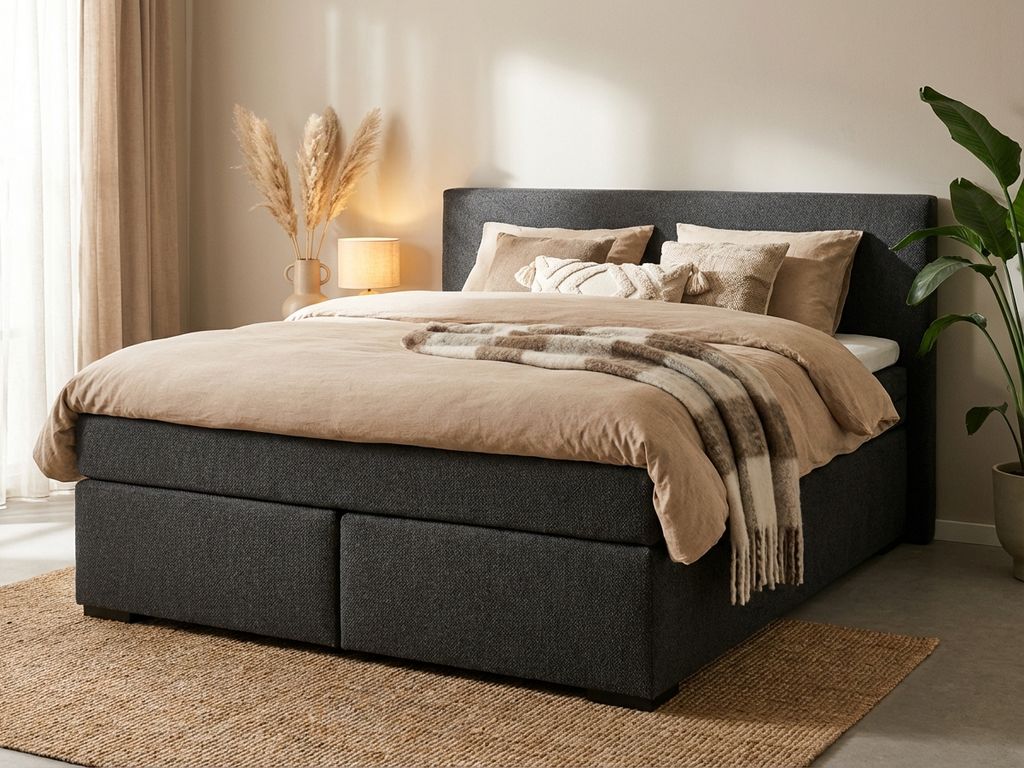 Antraciet boxspring bed met beige dekbed en sierkussens in stijlvolle slaapkamer met natuurlijke decoratie