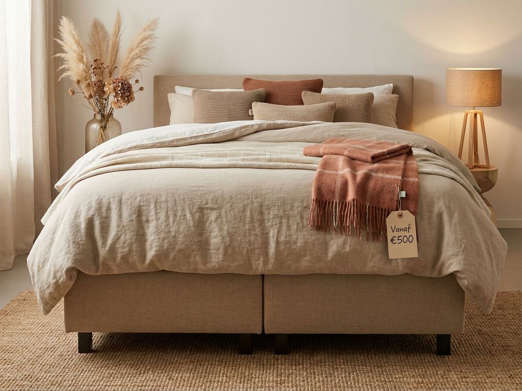 Complete boxspring bed met beige bekleding, dekbed en sierkussens in warme natuurlijke tinten, €500 prijsindicatie zichtbaar
