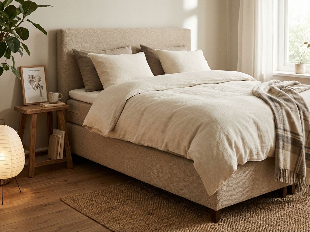 Boxspring bed met beige gestoffeerd frame in warme slaapkamer met dekbed, kussens en anatomisch diagram op nachtkastje