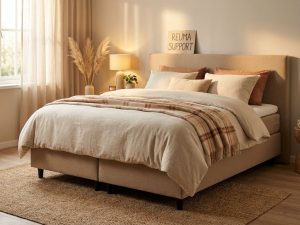 Beige boxspring bed met dekbed en sierkussens in warme slaapkamer met natuurlijke belichting en styling