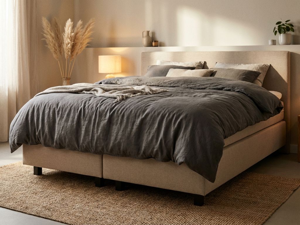 Beige boxspring bed met donkergrijs dekbed en sierkussens in stijlvolle slaapkamer met natuurlijke belichting