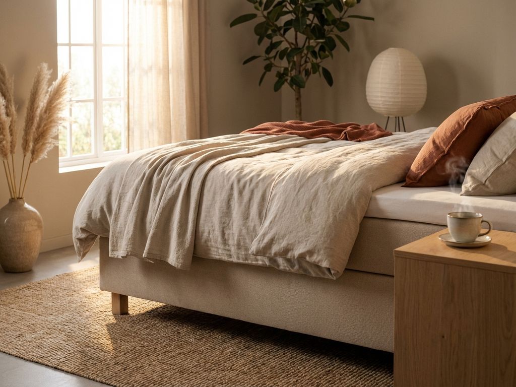 Complete boxspring bed met beige gestoffeerd frame in warme slaapkamer met terracotta kussens en natuurlijke decoratie