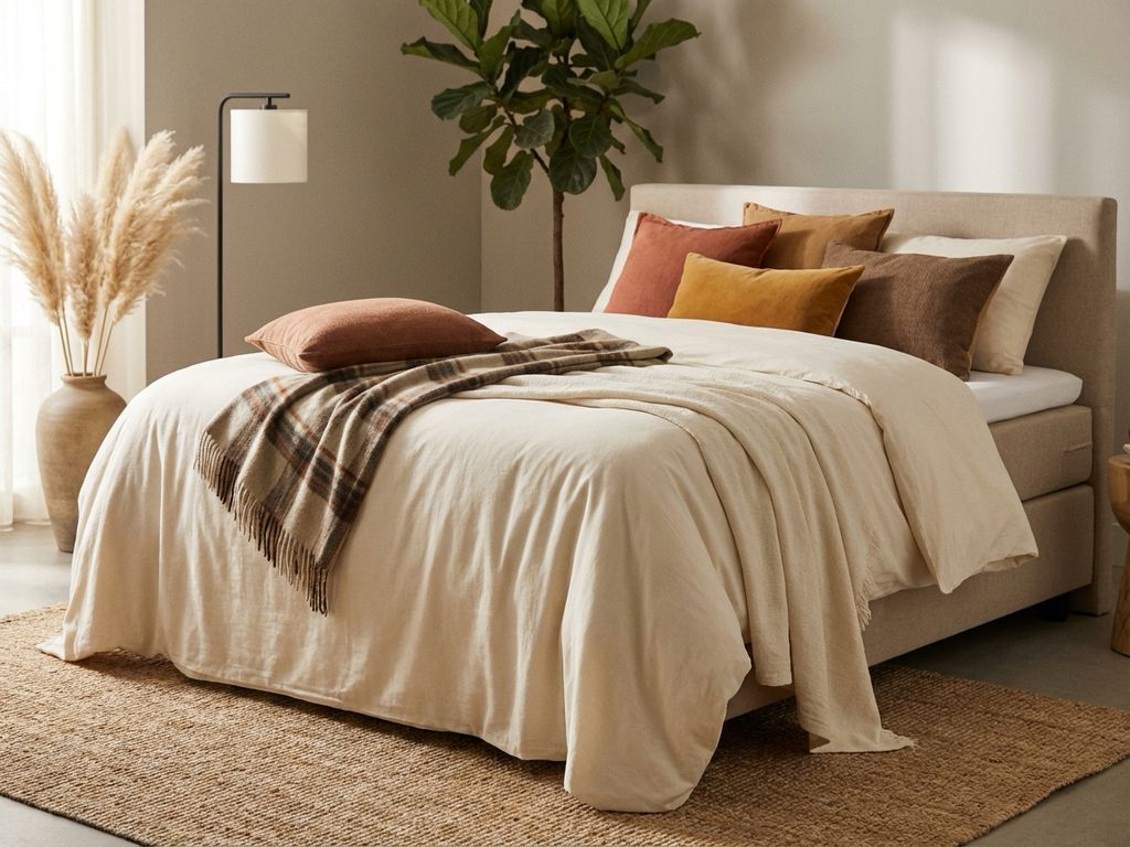 Complete boxspring bed met beige gestoffeerd frame, aardetinten dekbedset en natuurlijke styling in warme slaapkamer