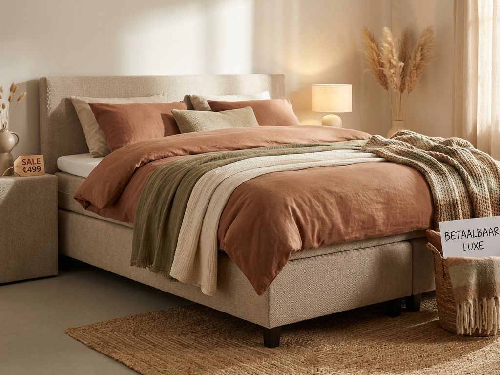 Complete boxspring bed met beige gestoffeerd frame, dekbed en sierkussens in natuurlijke tinten op jute vloerkleed