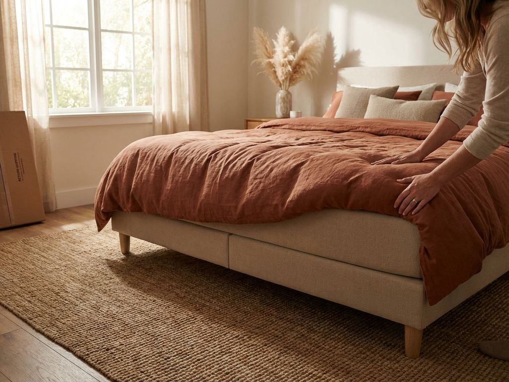 Persoon overweegt boxspring bed met beige frame en terracotta dekbed in gezellige slaapkamer met retourverpakking