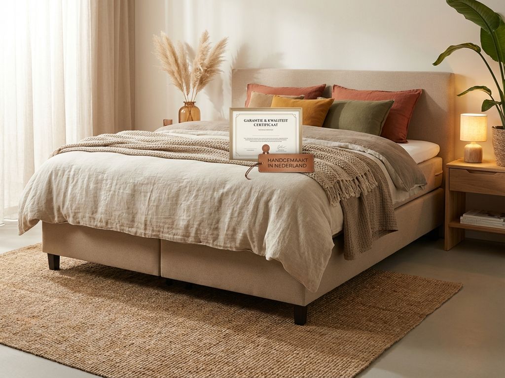 Complete boxspring bed in beige met garantiecertificaat, aardetinten dekbed en kussens, natuurlijke styling
