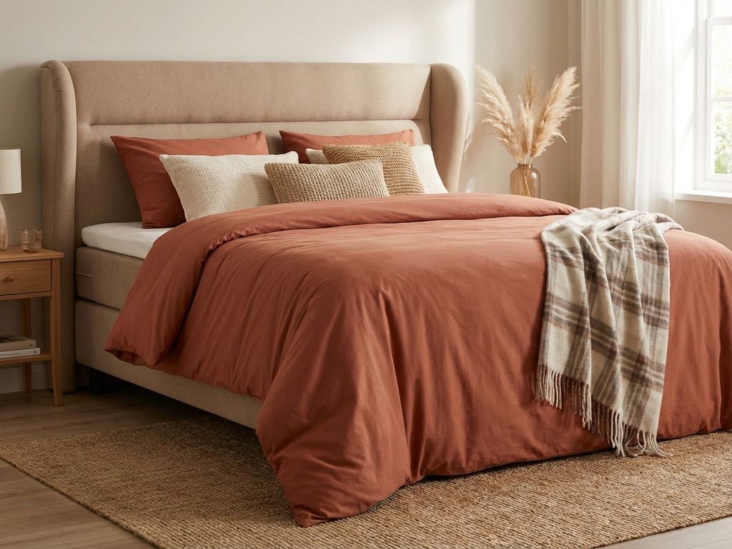 Complete boxspring bed met beige gestoffeerd hoofdbord, terracotta dekbed en luxe kussens in warme slaapkamer