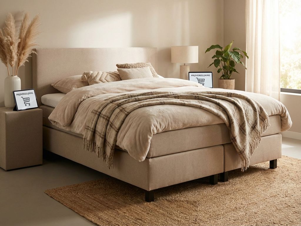Complete beige boxspring bed met dekbed en kussens, tablet op nachtkastje voor online winkelen, natuurlijke styling