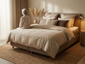 Elegante boxspring bed met beige dekbed en natuurlijke kussens in rustige slaapkamer met warme aardetinten