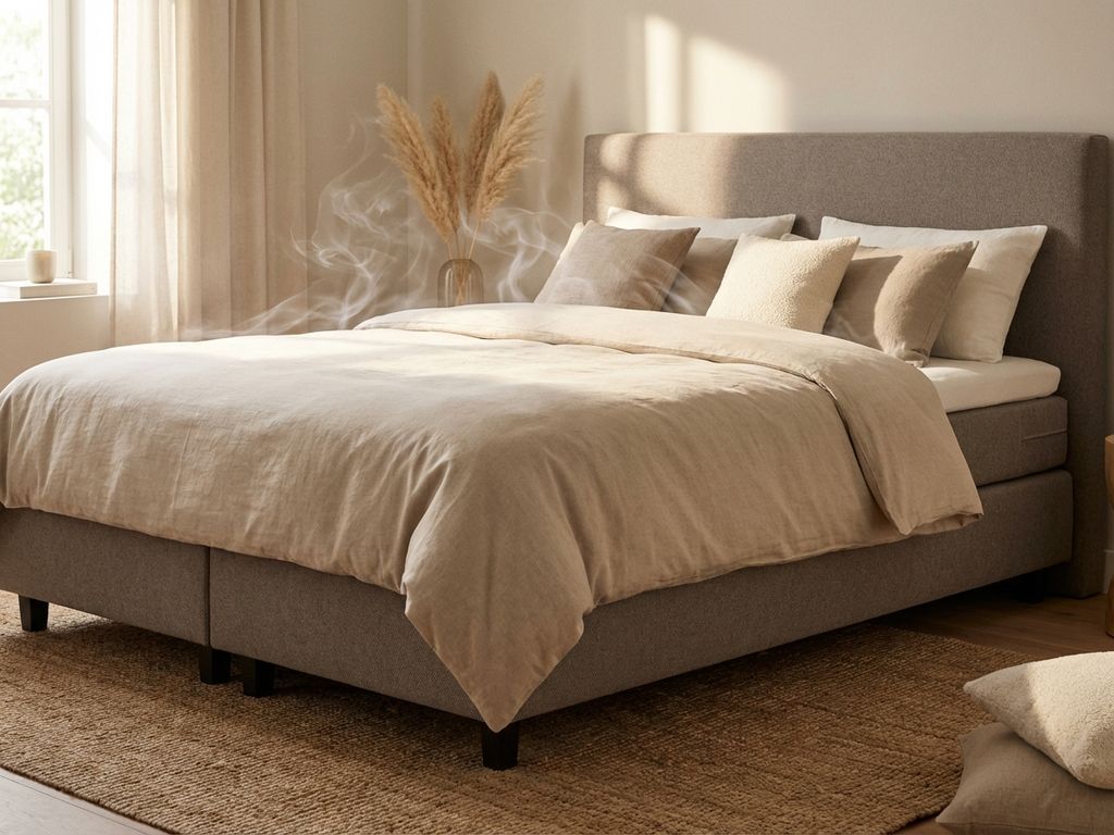 Nieuwe boxspring met grijs gestoffeerd hoofdbord en beige dekbed in moderne slaapkamer met natuurlijk licht