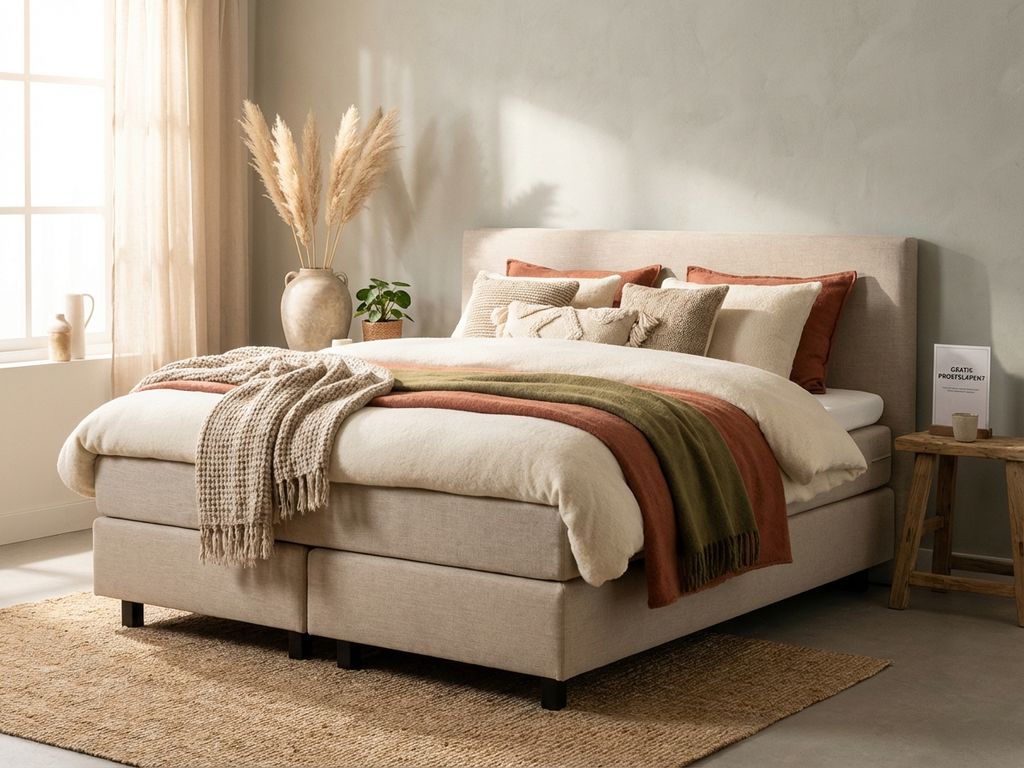 Complete boxspring bed met beige gestoffeerd frame in warme slaapkamer, dekbed gedrapeerd, gratis proefslapen bordje zichtbaar