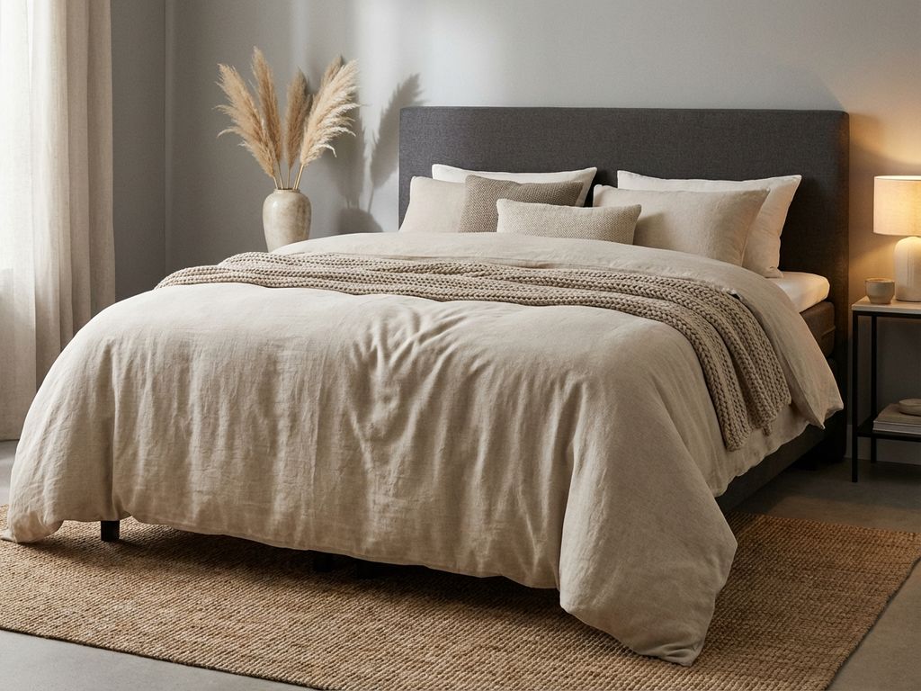 Complete boxspring met antraciet hoofdbord en beige dekbed in warme slaapkamer met jute vloerkleed en natuurlijke belichting