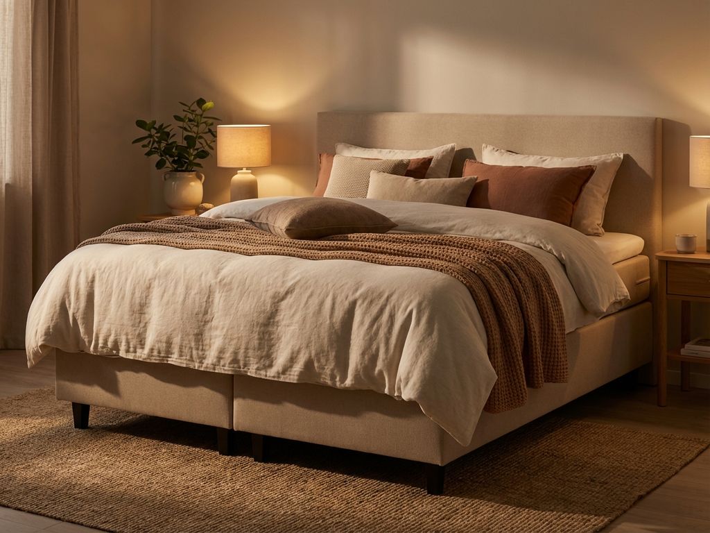 Complete boxspring bed met beige gestoffeerd frame in warme slaapkamer met zachte verlichting en natuurlijke styling