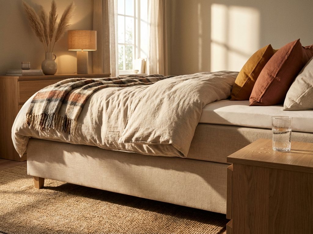 Complete boxspring bed in beige met dekbed in natuurlijke slaapkamer met warm ochtendlicht en aardetinten decoratie