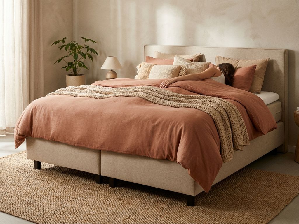 Complete boxspring bed met beige gestoffeerd frame en terracotta dekbed, persoon ligt comfortabel op zij in stijlvolle slaapkamer