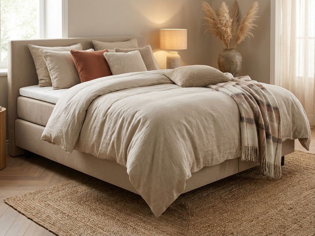 Complete boxspring met witte topper in beige slaapkamer met sierkussens, plaid en natuurlijke belichting