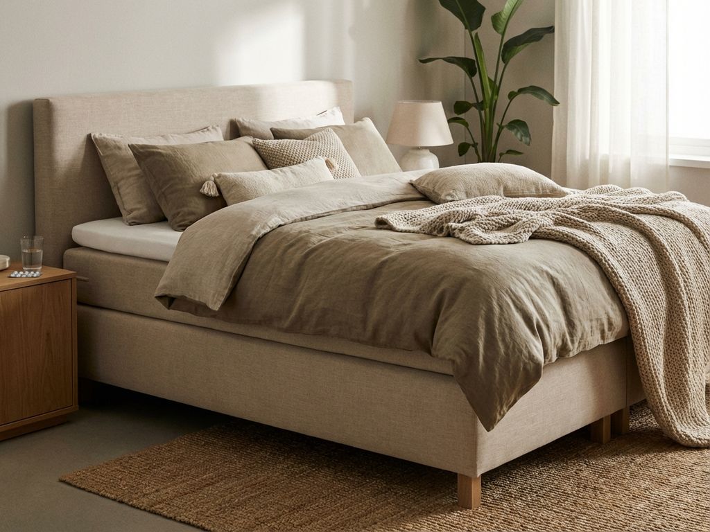 Complete boxspring bed met beige gestoffeerd frame in slaapkamer, dekbed en sierkussens, jute vloerkleed, zachte verlichting