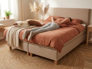 Persoon ligt op beige boxspring bed met terracotta dekbed, handen op onderrug voor pijnverlichting en comfort