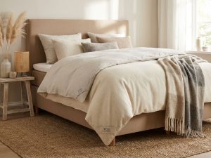 Complete boxspring bed met TOG-waarde dekbedden voor verschillende seizoenen, beige hoofdbord en warme slaapkamerinrichting