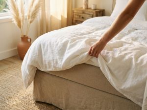 Persoon trekt wit dekbed recht op beige boxspring bed in slaapkamer met natuurlijk licht en jute vloerkleed