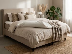 Complete boxspring met beige gestoffeerd frame en dikke witte topper in stijlvolle slaapkamer met natuurlijke tinten