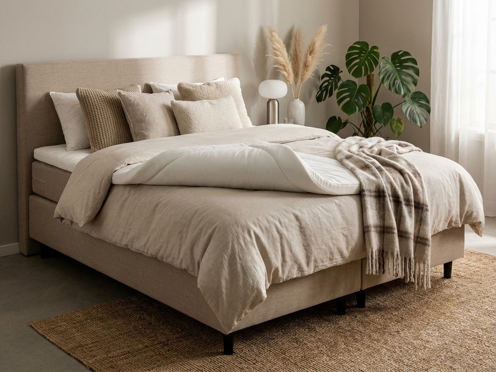 Complete boxspring met beige gestoffeerd frame en dikke witte topper in stijlvolle slaapkamer met natuurlijke tinten