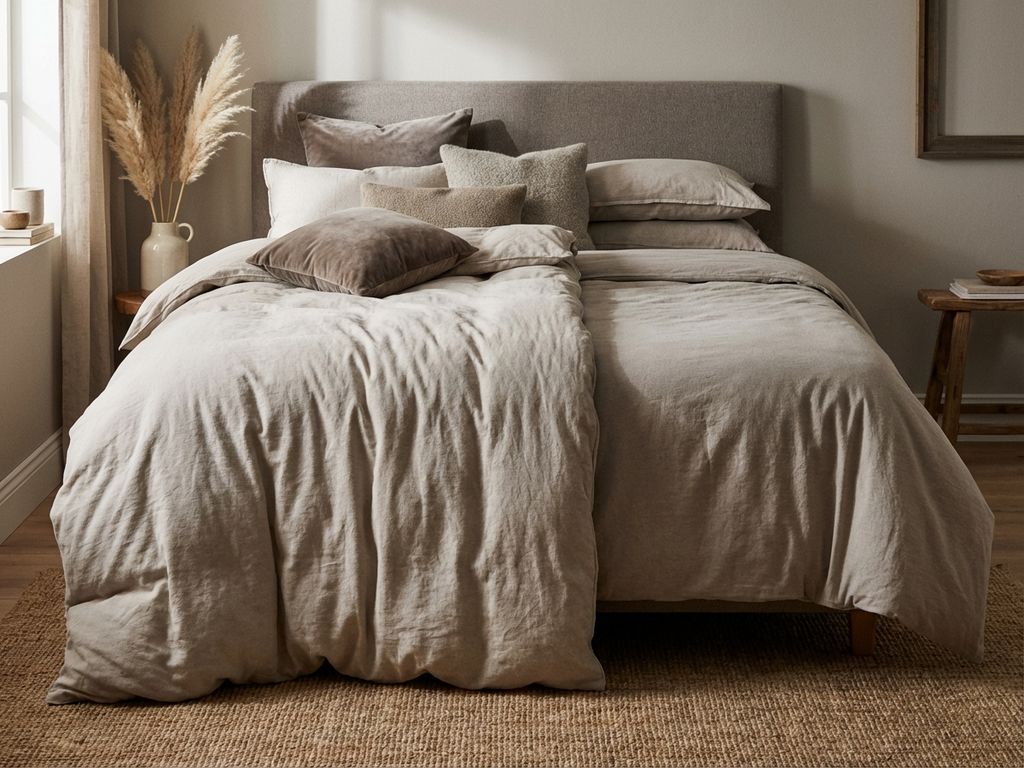 Boxspring bed met verschillende zachtheidszones, gestoffeerd hoofdbord in grijstinten, natuurlijke slaapkamer inrichting