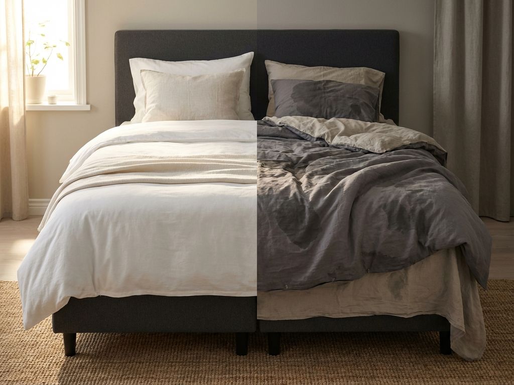 Boxspring slaapkamer met contrast tussen fris wit beddengoed links en verkreukeld donker beddengoed rechts