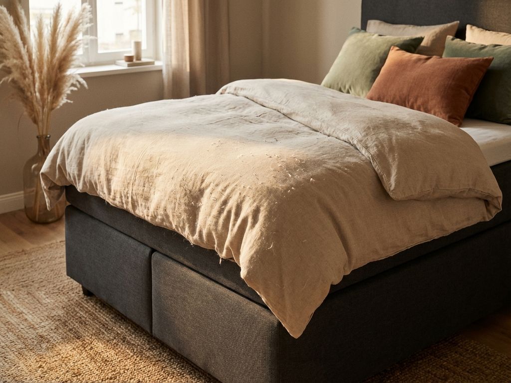 Boxspring met beige dekbed dat lichte pluisvorming toont, antraciet frame, saliegroen en terracotta kussens