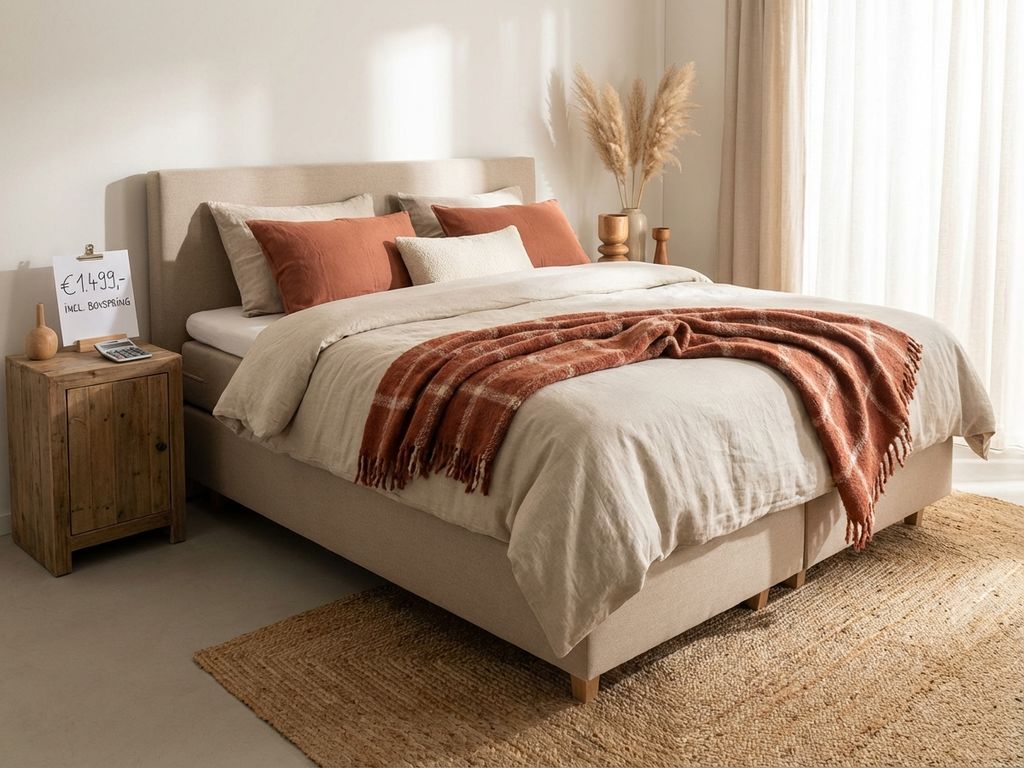 Beige boxspring met dekbed en sierkussens in showroom met prijskaartje en calculator op nachtkastje