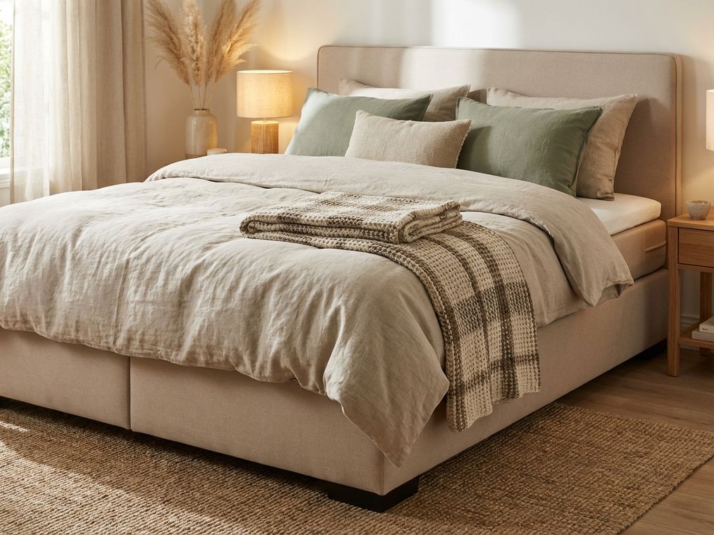 Beige boxspring bed met dekbed, sierkussens en plaid op jute vloerkleed in warme slaapkamer met natuurlijke belichting
