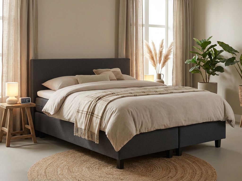 Complete boxspring bed met antraciet gestoffeerd frame in warme slaapkamer met beige plaid, kussens en zachte verlichting