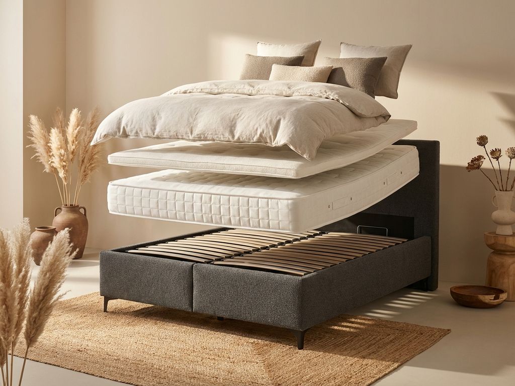 Complete boxspring set in exploded view met antraciet frame, topper, dekbed en kussens zwevend boven elkaar op jute kleed