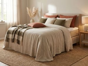 Complete boxspring bed met beige gestoffeerd frame in verzorgde slaapkamer met natuurlijke belichting en warme kleurtonen