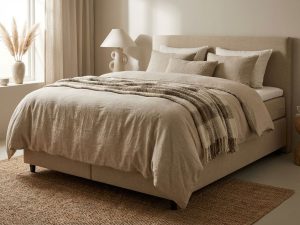 Complete boxspring bed met beige gestoffeerd frame, dekbed, kussens en plaid in warme slaapkamer met natuurlijke belichting