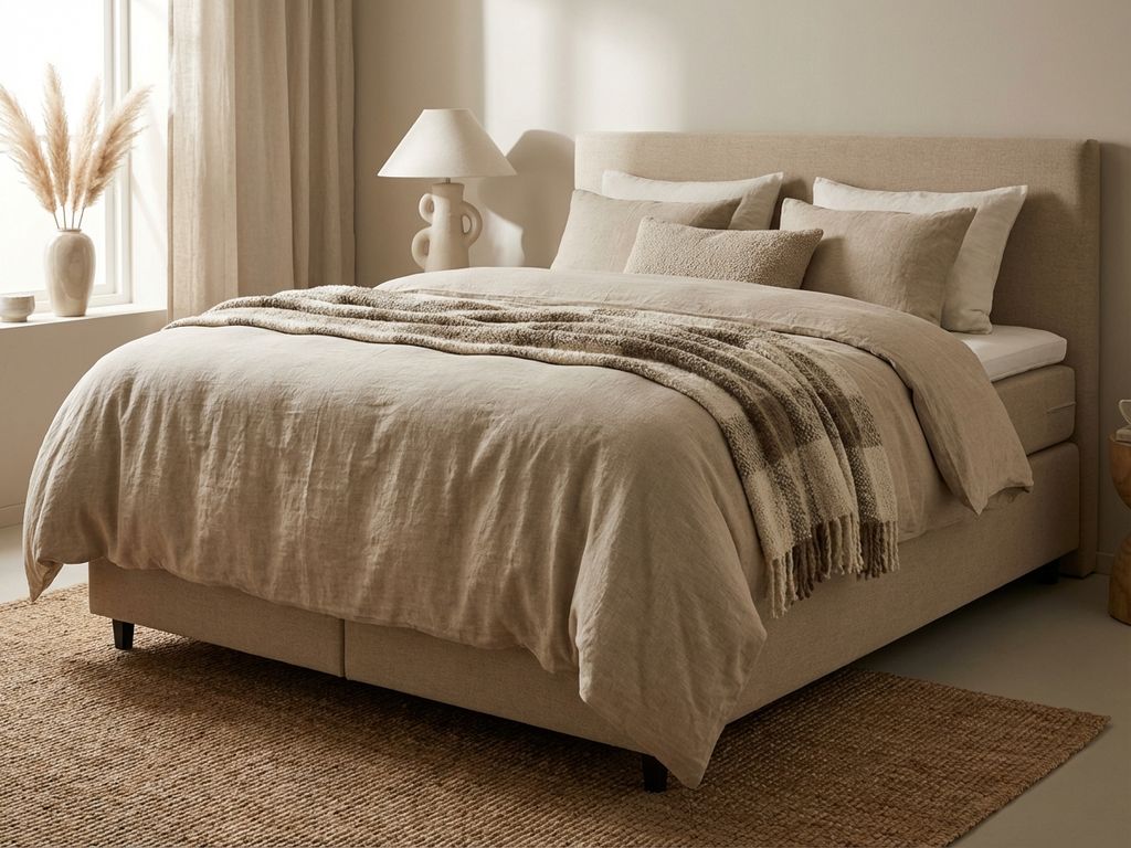 Complete boxspring bed met beige gestoffeerd frame, dekbed, kussens en plaid in warme slaapkamer met natuurlijke belichting