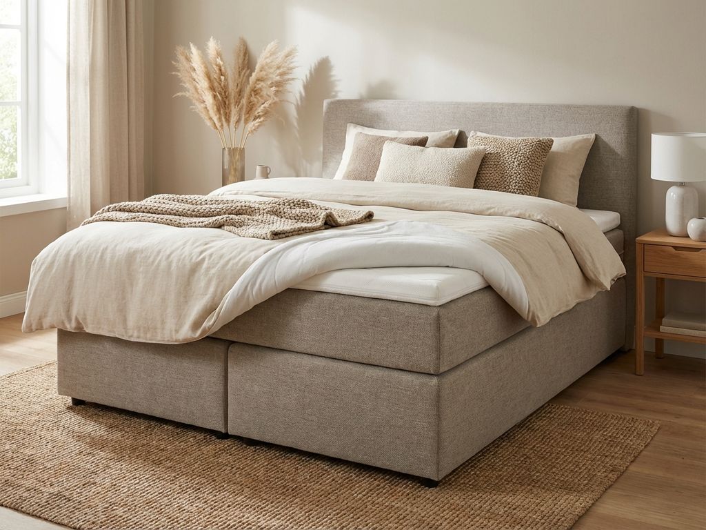 Complete boxspring bed met beige gestoffeerd frame en witte topper in natuurlijk gestyleerde slaapkamer met jute vloerkleed